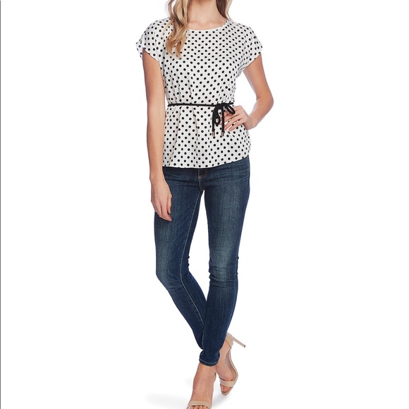 Vince Camuto Ruffle Sleeve Belted Dot Blouse - Picture 3 of 8